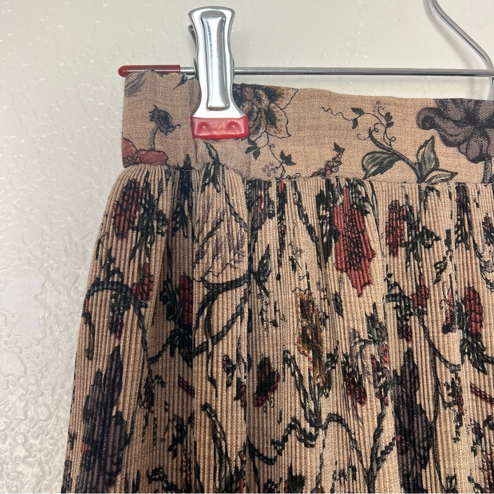 Vintage Linen Floral Skirt High Waist Knife Pleat Midi Flower Print Tan Beige M - Picture 4 of 6